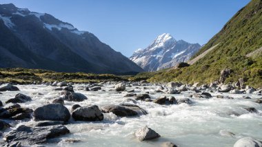 Buzul nehri, karlı dağ, Cook Dağı ve Yeni Zelanda ile pitoresk alp vadisinden akıyor..