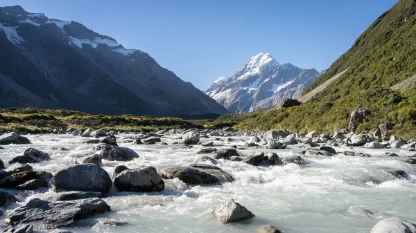 Buzul nehri, karlı dağ, Cook Dağı ve Yeni Zelanda ile pitoresk alp vadisinden akıyor..
