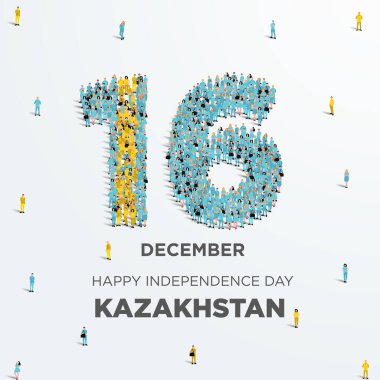 Bağımsızlık Gününüz kutlu olsun Kazakistan. Kazakistan 'ın 16 Aralık' ta Bağımsızlık Günü 'nü kutlaması gibi büyük bir insan grubu 16 numarayı yaratmak için toplandı. Vektör illüstrasyonu