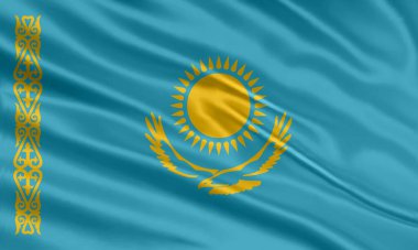 Kazakistan bayrak tasarımı. Saten ya da ipek kumaştan yapılmış Kazakistan bayrağı sallıyordu. Vektör İllüstrasyonu.