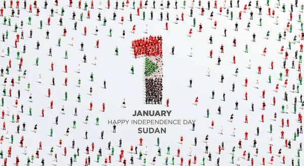 Šťastný Den Nezávislosti Súdánu Velká Skupina Lidí Tvoří Vytvořit Číslo — Stockový vektor