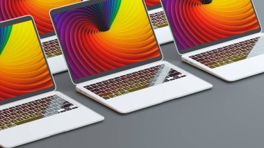 Renkli bir bilgisayar klavyesinde dizüstü bilgisayar. 3d illüstrasyon.