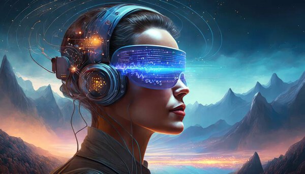 3 d render of vr headset with woman in space