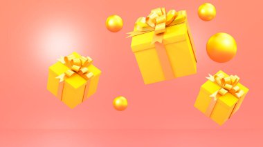 Uçan hediye kutuları, pembe arka plan ve alışveriş konsepti