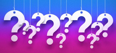 Blue and pink background, hanging question marks. clipart