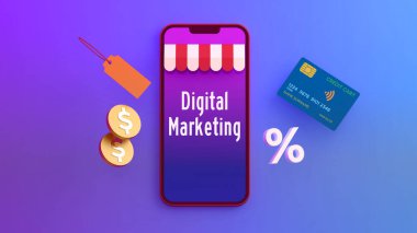 Digital marketing illustration banner. Credit card , dollar icon and percent sign. clipart