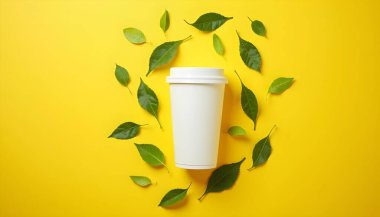  Leaves spinning around a white mockup Insulated drink cup and green leaves on yellow background clipart