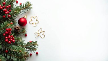  Christmas tree branches with red berries, ornaments, on a white background.Copy space. clipart