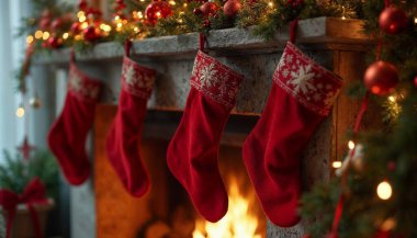 Şömine rafında asılı üç kırmızı Noel çorabı, yeşillik ve süslerle süslenmiş.