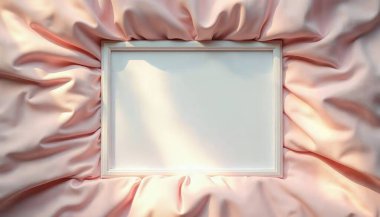 Beyaz metal boş resim çerçevesinin yukarıdan aşağı görüntüsü, yumuşak pastel pembe yatak, akşam güneşinin doğal ışığı, altın ışık, ince gölgeler, kopya alanı, taklit tarzı.