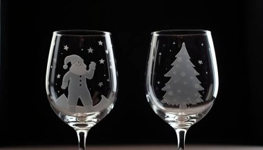 A cinematic medium shot of two wine glasses placed side by side against a dark background. Each glass is engraved with a pattern. The glass on the left represents a Santa Claus clipart