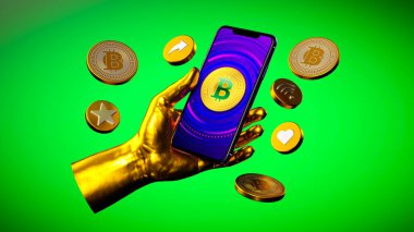 Gold robotic hand holding a smartphone with a Bitcoin symbol, surrounded by floating coins. Vibrant green background, emphasizing cryptocurrency, wireless tech, and payment security.3d render. clipart