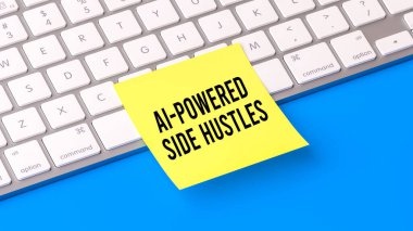 Yapışkan nota üzerine Al-Powered Side Hustles metni, bilgisayar klavye arkaplanı, web afişi, yapay zeka, serbest çalışma fırsatları, dijital iş, otomasyon, yenilik, 3D yorumlayıcı.