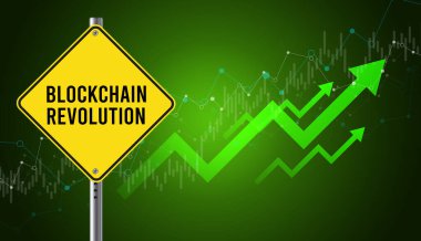 Blockchain Revolution road sign and business graph, business growth concept, decentralized finance, secure transactions, digital transformation, market trends, 3D render, web banner. clipart