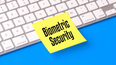 Biometric Security text on sticky note, computer keyboard background, web banner, fingerprint recognition, facial scanning, secure access, digital protection, innovation, 3D render. clipart