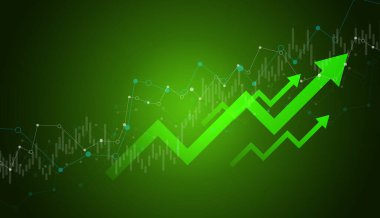 İş grafiği, grafik, yeşil arkaplan, kopyalama alanı, finansal büyüme, pazar analizi, yatırım eğilimleri, stratejik planlama, 3D düzenleme, web afişi.