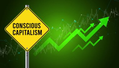 Conscious Capitalism road sign and business graph, business growth concept, ethical business practices, sustainable investments, social responsibility, market trends, 3D render, web banner. clipart