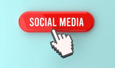 Social media text on web button, pixel clickable interface, web banner, user engagement, online sharing, digital connection, social platforms, modern design, 3D render. clipart