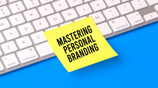 Освоение персонального Брендингового текста на липкой ноте, фон компьютерной клавиатуры, веб-баннер, самореклама, цифровое присутствие, профессиональный рост, советы по карьере, современный дизайн, 3D рендеринг.