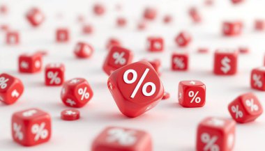 Beyaz sembollü kırmızı yüzdelik zarlar satışları ve indirimleri sembolize ediyor. Finansal kavramlara ve pazarlama görsellerine odaklanan beyaz bir arkaplan üzerine dağıtılmış düzenleme