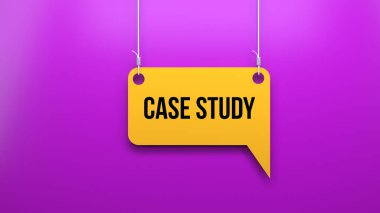 Case study text on speech bubble. Hanging speech bubble and purple background clipart