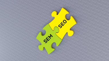 Yapboz hakkında SEM ve SEO mesajları. Gri arkaplan ve yeşil sarı yapboz