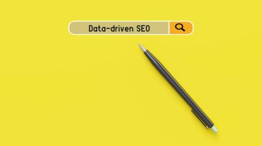 Data-driven SEO on the web search page. Pencil and yellow background clipart