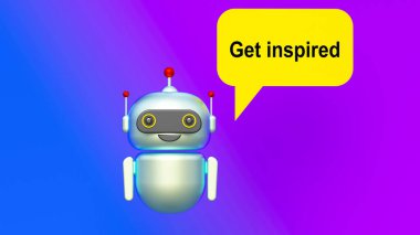 Get inspired text in speech bubble and helpful 3d artificial intelligence robot. Color gradient background clipart