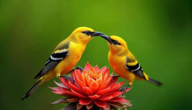 Kırmızı bromeliad üzerinde bir çift sarı kuş, canlı renkler, yeşil arka plan, nektar besleme, keskin odak, yumuşak bokeh, vahşi yaşam, doğal ışık