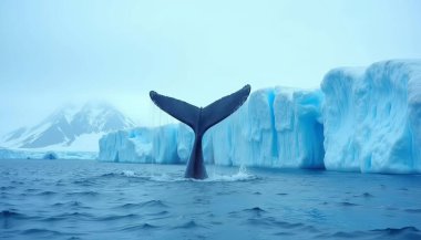 Whale tail breaching in Arctic waters, ice glaciers, deep blue ocean, snow-covered peaks, pristine wilderness, majestic wildlife, serene scenery clipart