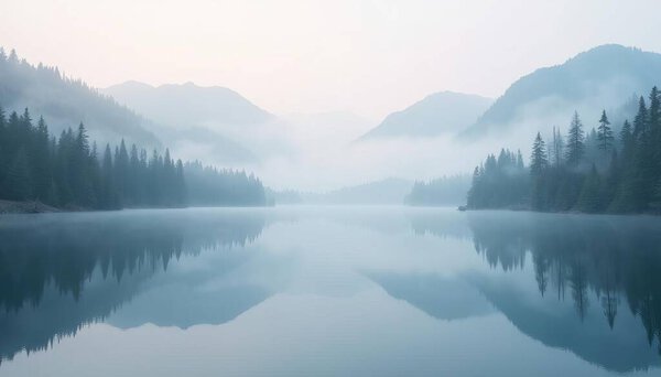 Serene mountain lake with perfect reflection, misty atmosphere, pine forest, soft pastels, tranquil waters, dawn light, peaceful, dreamy landscape