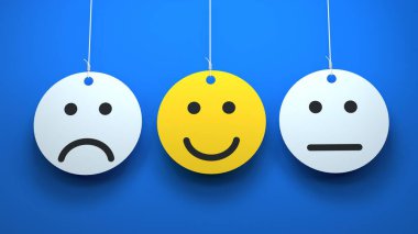Konuşma baloncuklarını asarken duygusal emojiler. Müşteri geribildirim kavramı. 3 Boyutlu Hazırlama