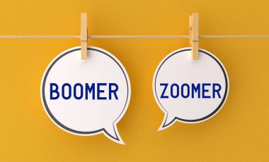 Boomer ve Zoomer 'ın mesajları. Çamaşır iğneli bir ipe bağlı baloncuklar. Sarı arkaplan