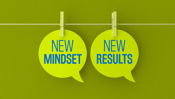 New mindsets and New results concept on speech bubbles fastened with clothespins.Lime background