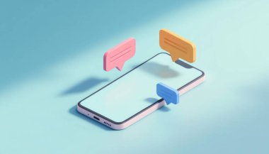 Konuşma baloncuklu akıllı telefon, pastel mavi arkaplan, yumuşak ışıklandırma, sosyal medya simgesi iletişim konsepti, 3D görüntüleme