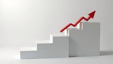 Geometrik basamaklarda yukarı doğru ok, başarıyı ve büyümeyi sembolize eder 3D oluşturma, iş ve mali ilerleme kavramı 