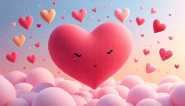 3D chibi heart floats amid glowing hearts, love letters, and cupid arrows, drifting softly in a dreamy pastel background clipart