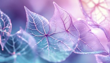 Macro shot of delicate leaf skeletons with transparent veins, pastel teal and purple gradient, ethereal lighting, intricate details clipart