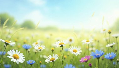 Wildflower meadow with chamomile daisies, blue cornflowers, soft focus, dreamy atmosphere, clear sky, and gentle breeze in a photorealistic clipart