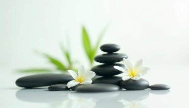 Siyah çakıl taşları, beyaz yasemin çiçekleri, bambu yaprakları, dingin atmosfer, makro fotoğraf ve farkındalık titreşimleriyle dolu spa taşları.