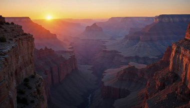 Sunset 'te Büyük Kanyon. Kanyonların engin genişliğini, karmaşık kaya oluşumlarını ve ılık günbatımı renklerini gösteren çarpıcı bir manzara fotoğrafı.