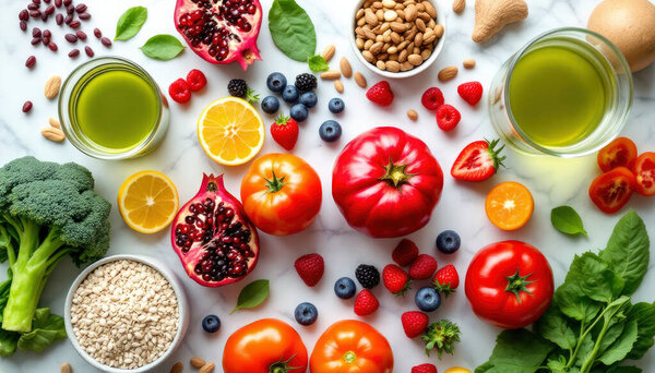 Overhead shot of cancer-fighting foods pomegranates, berries, broccoli, spinach, nuts, seeds, and a glass of green tea on a white marble