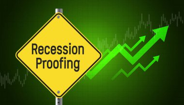 Recession-Proofing business text message on signboard. Business graph , arrows and growth concept. Green background. clipart