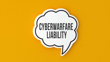 Konuşma balonunda siber savaş sorumluluğu mesajı. Hukuki terimler ve kurallar tanıtım kavramı.