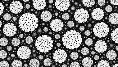 Siyah-beyaz soyut desenli organik daireler, benekli noktalar ve yoğun, yüksek kontrastlı bir tasarım. Mikroskobik, hücresel dokulardan esinlenilmiştir 