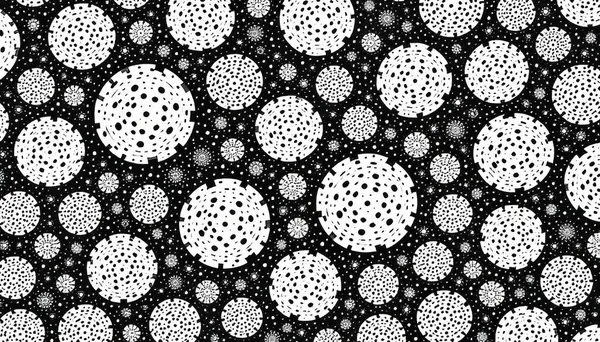 Siyah-beyaz soyut desenli organik daireler, benekli noktalar ve yoğun, yüksek kontrastlı bir tasarım. Mikroskobik, hücresel dokulardan esinlenilmiştir 