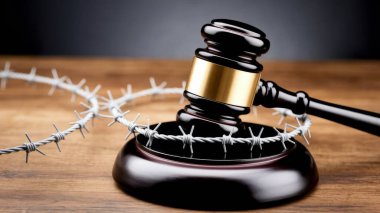 Tahta masada adalet tokmağı ve dikenli tel. Göçmenlik yasası ve sınır güvenliği metaforu