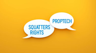 Proptech ve Gecekondu Hakları konuşma balonunda mesaj atıyor. Web pankartı konsepti, sarı arkaplan illüstrasyonu