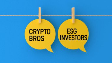 Crypto Bros ve ESG Yatırımcıları konuşma balonunda mesaj gönderiyorlar. Web afişi konsepti, mavi arkaplan illüstrasyonu