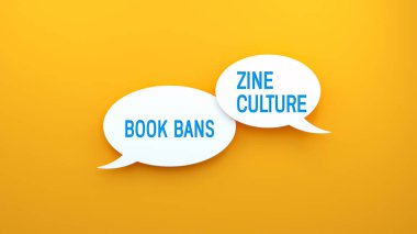 Kitap Yasakları ve Zine Kültürü konuşma balonunda mesaj atıyor. Web pankartı konsepti, sarı arkaplan illüstrasyonu
